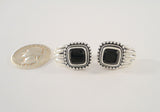 Bold Signed Vintage Sterling Silver and Black Onyx Curvy Fluted Pierced Earrings w/ Southwestern Rope & Bead Detailing