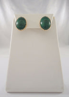 Large 19.5mm Vintage 14K Solid Yellow Gold & Fancy Filigree Bezel Set Rich Green Oval Cabochon Malachite Pierced Earrings