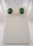 Large 19.5mm Vintage 14K Solid Yellow Gold & Fancy Filigree Bezel Set Rich Green Oval Cabochon Malachite Pierced Earrings