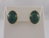 Large 19.5mm Vintage 14K Solid Yellow Gold & Fancy Filigree Bezel Set Rich Green Oval Cabochon Malachite Pierced Earrings