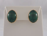 Large 19.5mm Vintage 14K Solid Yellow Gold & Fancy Filigree Bezel Set Rich Green Oval Cabochon Malachite Pierced Earrings