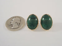 Large 19.5mm Vintage 14K Solid Yellow Gold & Fancy Filigree Bezel Set Rich Green Oval Cabochon Malachite Pierced Earrings