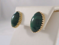 Large 19.5mm Vintage 14K Solid Yellow Gold & Fancy Filigree Bezel Set Rich Green Oval Cabochon Malachite Pierced Earrings