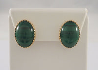 Large 19.5mm Vintage 14K Solid Yellow Gold & Fancy Filigree Bezel Set Rich Green Oval Cabochon Malachite Pierced Earrings