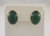 Large 19.5mm Vintage 14K Solid Yellow Gold & Fancy Filigree Bezel Set Rich Green Oval Cabochon Malachite Pierced Earrings