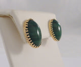 Large 19.5mm Vintage 14K Solid Yellow Gold & Fancy Filigree Bezel Set Rich Green Oval Cabochon Malachite Pierced Earrings