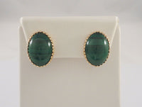 Large 19.5mm Vintage 14K Solid Yellow Gold & Fancy Filigree Bezel Set Rich Green Oval Cabochon Malachite Pierced Earrings