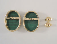 Large 19.5mm Vintage 14K Solid Yellow Gold & Fancy Filigree Bezel Set Rich Green Oval Cabochon Malachite Pierced Earrings