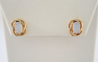 Signed Vintage 14K Solid Yellow Gold Spiral Swirl Set Fiery 9.5mm X 7.9mm Oval Opal Cabochon Stud Earrings