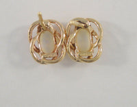 Signed Vintage 14K Solid Yellow Gold Spiral Swirl Set Fiery 9.5mm X 7.9mm Oval Opal Cabochon Stud Earrings