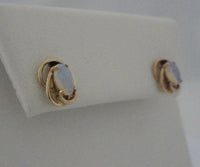 Signed Vintage 14K Solid Yellow Gold Spiral Swirl Set Fiery 9.5mm X 7.9mm Oval Opal Cabochon Stud Earrings