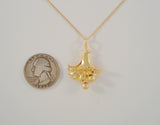 Large Beautifully Crafted & Signed, Vintage 1940's Walter Lampl Solid 10K Yellow Gold Curvy Repousse Flower Pendant Necklace