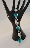 Gorgeous Detailed Signed Vintage Otis Art Nouveau Sterling Silver & Teal Blue Aqua Glass Rhinestones Tulip Link 14mm Wide Bracelet 7 7/16"