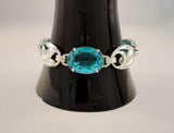 Gorgeous Detailed Signed Vintage Otis Art Nouveau Sterling Silver & Teal Blue Aqua Glass Rhinestones Tulip Link 14mm Wide Bracelet 7 7/16"