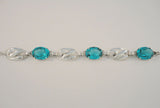 Gorgeous Detailed Signed Vintage Otis Art Nouveau Sterling Silver & Teal Blue Aqua Glass Rhinestones Tulip Link 14mm Wide Bracelet 7 7/16"