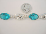 Gorgeous Detailed Signed Vintage Otis Art Nouveau Sterling Silver & Teal Blue Aqua Glass Rhinestones Tulip Link 14mm Wide Bracelet 7 7/16"