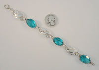 Gorgeous Detailed Signed Vintage Otis Art Nouveau Sterling Silver & Teal Blue Aqua Glass Rhinestones Tulip Link 14mm Wide Bracelet 7 7/16"