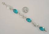 Gorgeous Detailed Signed Vintage Otis Art Nouveau Sterling Silver & Teal Blue Aqua Glass Rhinestones Tulip Link 14mm Wide Bracelet 7 7/16"