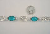 Gorgeous Detailed Signed Vintage Otis Art Nouveau Sterling Silver & Teal Blue Aqua Glass Rhinestones Tulip Link 14mm Wide Bracelet 7 7/16"