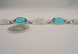 Gorgeous Detailed Signed Vintage Otis Art Nouveau Sterling Silver & Teal Blue Aqua Glass Rhinestones Tulip Link 14mm Wide Bracelet 7 7/16"