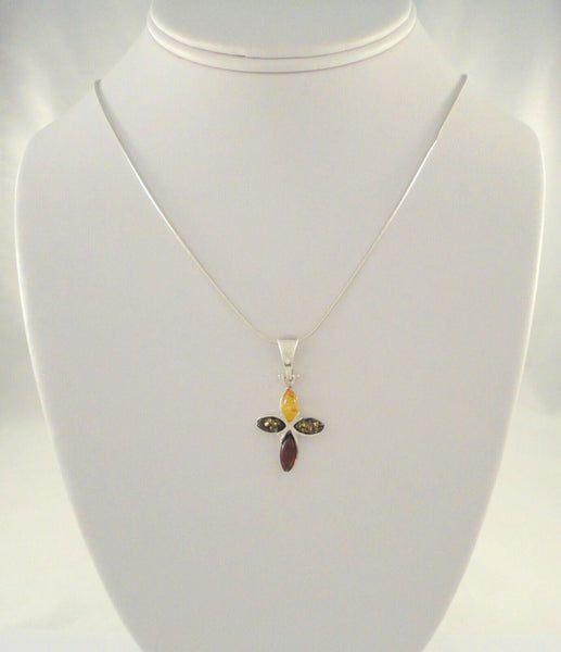 Large Vintage Sterling Silver w/ Cognac, Green & Yellow Baltic Amber Cross Pendant on Italian Snake Chain Necklace 17 9/16"