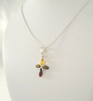 Large Vintage Sterling Silver w/ Cognac, Green & Yellow Baltic Amber Cross Pendant on Italian Snake Chain Necklace 17 9/16"