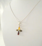 Large Vintage Sterling Silver w/ Cognac, Green & Yellow Baltic Amber Cross Pendant on Italian Snake Chain Necklace 17 9/16"