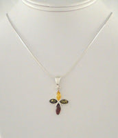 Large Vintage Sterling Silver w/ Cognac, Green & Yellow Baltic Amber Cross Pendant on Italian Snake Chain Necklace 17 9/16"