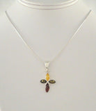 Large Vintage Sterling Silver w/ Cognac, Green & Yellow Baltic Amber Cross Pendant on Italian Snake Chain Necklace 17 9/16"