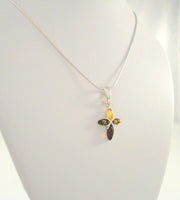 Large Vintage Sterling Silver w/ Cognac, Green & Yellow Baltic Amber Cross Pendant on Italian Snake Chain Necklace 17 9/16"