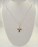 Large Vintage Sterling Silver w/ Cognac, Green & Yellow Baltic Amber Cross Pendant on Italian Snake Chain Necklace 17 9/16"