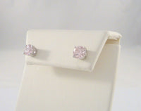 Sparkly Signed Vintage Sterling Silver & Faceted Soft Pale Pink Prong Set Round Cubic Zirconia Stud Pierced Earrings 2 CT CZ