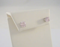 Sparkly Signed Vintage Sterling Silver & Faceted Soft Pale Pink Prong Set Round Cubic Zirconia Stud Pierced Earrings 2 CT CZ