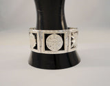 Highly Detailed Vintage Signed Mexican Sterling Silver 25.5mm Wide Cut & Etched Openwork Mayan Figural Panel Bracelet w/ Safety Chain 7.5" Eagle 4 Heavy