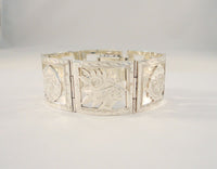 Highly Detailed Vintage Signed Mexican Sterling Silver 25.5mm Wide Cut & Etched Openwork Mayan Figural Panel Bracelet w/ Safety Chain 7.5" Eagle 4 Heavy