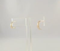 New Petite Sparkly Signed 10K Solid Yellow & White Gold Pebbled Textured Diamond Cut Half Hoop Pierced Earrings D/C 13x3.5mm