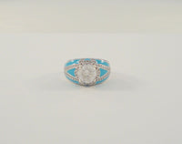 Bold and Bright Signed Vintage Sterling Silver w/ Turquoise Blue Enamel &  Sparkly Cubic Zirconia Wide Band Dome Ring Size 7
