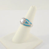 Bold and Bright Signed Vintage Sterling Silver w/ Turquoise Blue Enamel &  Sparkly Cubic Zirconia Wide Band Dome Ring Size 7