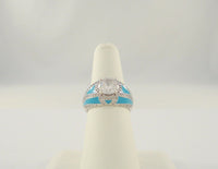 Bold and Bright Signed Vintage Sterling Silver w/ Turquoise Blue Enamel &  Sparkly Cubic Zirconia Wide Band Dome Ring Size 7