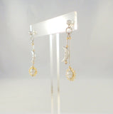 Long Vintage Sterling Silver w/ Yellow Gold Dimensional Carved Man in The Moon & Sun Bi-level Dangle Pierced Earrings