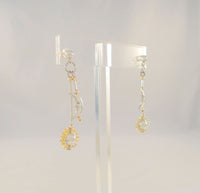 Long Vintage Sterling Silver w/ Yellow Gold Dimensional Carved Man in The Moon & Sun Bi-level Dangle Pierced Earrings