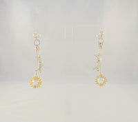 Long Vintage Sterling Silver w/ Yellow Gold Dimensional Carved Man in The Moon & Sun Bi-level Dangle Pierced Earrings