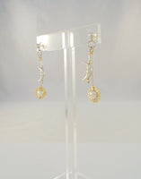 Long Vintage Sterling Silver w/ Yellow Gold Dimensional Carved Man in The Moon & Sun Bi-level Dangle Pierced Earrings