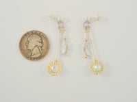 Long Vintage Sterling Silver w/ Yellow Gold Dimensional Carved Man in The Moon & Sun Bi-level Dangle Pierced Earrings