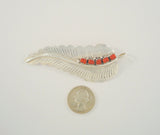 Large Detailed, Vintage Native American Handcrafted & Signed Sterling Silver w/ Sawtooth Set Red Coral Navajo Carved Eagle Feather Pin Pendant