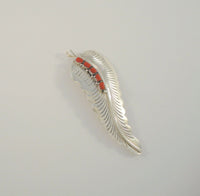 Large Detailed, Vintage Native American Handcrafted & Signed Sterling Silver w/ Sawtooth Set Red Coral Navajo Carved Eagle Feather Pin Pendant