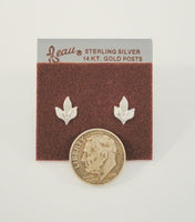 New Tiny Classy Signed Vintage Beau Sterling Silver Satin & Polished Finish Leafy Stud Earrings w/ 14K Gold Posts