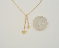 Sparkly Vintage 1980's 14K Solid Yellow Gold Double Heart Lavalier Drop Necklace 2 Hearts Lariat 15.25"