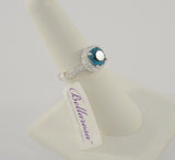 New Sparkly Signed Bellarossa Sterling Silver w/ Swiss Blue & Clear Swarovski Crystal Solitaire Ring Size 6.5