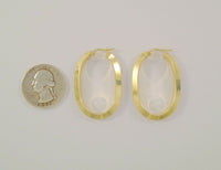 Big Bold Signed Vintage JewelAmerica Solid 14K Yellow Gold Sleek Modern Beveled Oval Hinged Hoop Pierced Earrings 38x13x3.5mm